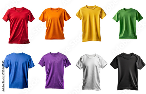 Mockup Collection of Plain T-Shirts in 8 Colors (Red, Orange, Yellow, Green, Blue, Purple, White, Black)