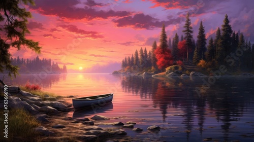 Serene lake landscape at sunset with canoe. Tranquil nature scene.