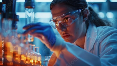 Scientist, deep in thought, meticulously examines medical testing tubes filled with blood cells and potential virus cure through DNA genome sequencing in a cutting-edge biotechnology(Multiple values)