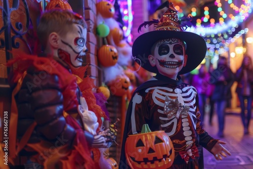 Children in Halloween costumes trick-or-treating - Two kids dressed in a witch and skeleton outfits participate in Halloween festivities with holiday decorations around