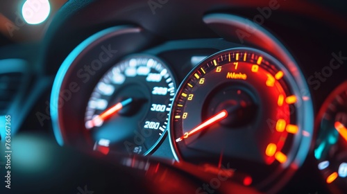 speedometer of a modern car shows a high driving speed. photo