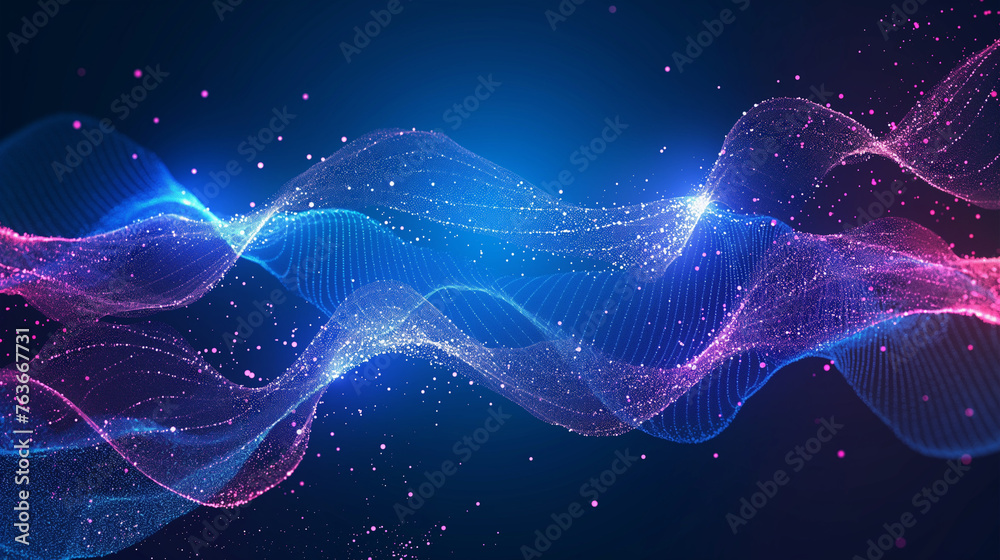 Abstract Waving Particle Technology Background Design. Abstract wave moving dots flow particles, hi-tech and big data background design for brochures, flyers, magazine, business card, banner. Vector.