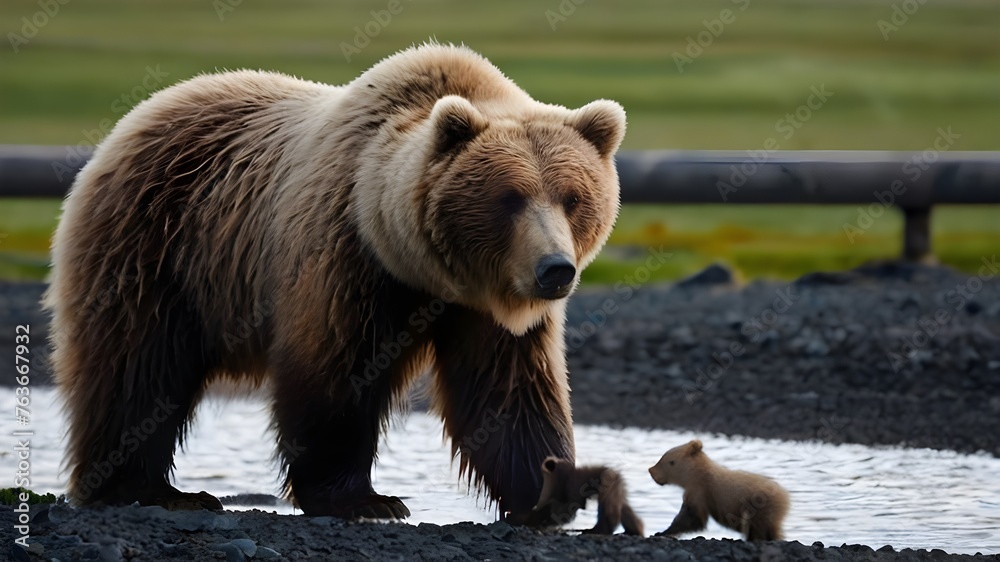 Obraz premium Mother grizzly bear with two tiny cubs walking along a shallow riverbed, nurturing and protective