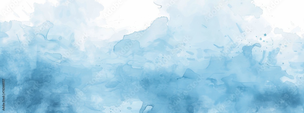 Ethereal light blue watercolor landscape unfurls in this banner, dotted with spontaneous splatters and brushwork. - obrazy, fototapety, plakaty 