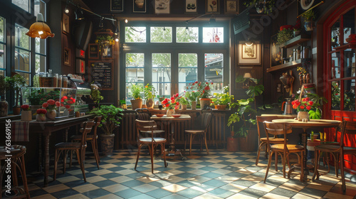 Transport yourself to a hyperrealistic coffee shop in France, rendered in stunning 4K resolution and natural lighting. AI generative algorithms ensure lifelike quality.