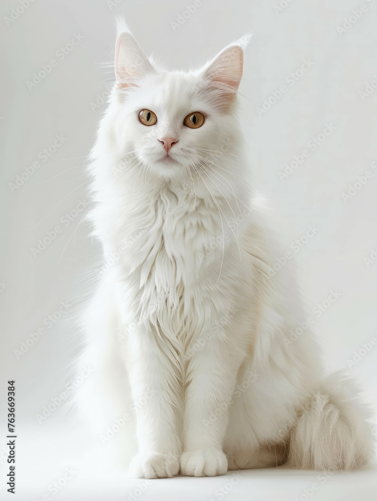 A stunning white-haired cat poses gracefully against a pure white backdrop in this real photo. AI generative techniques ensure a realistic depiction.