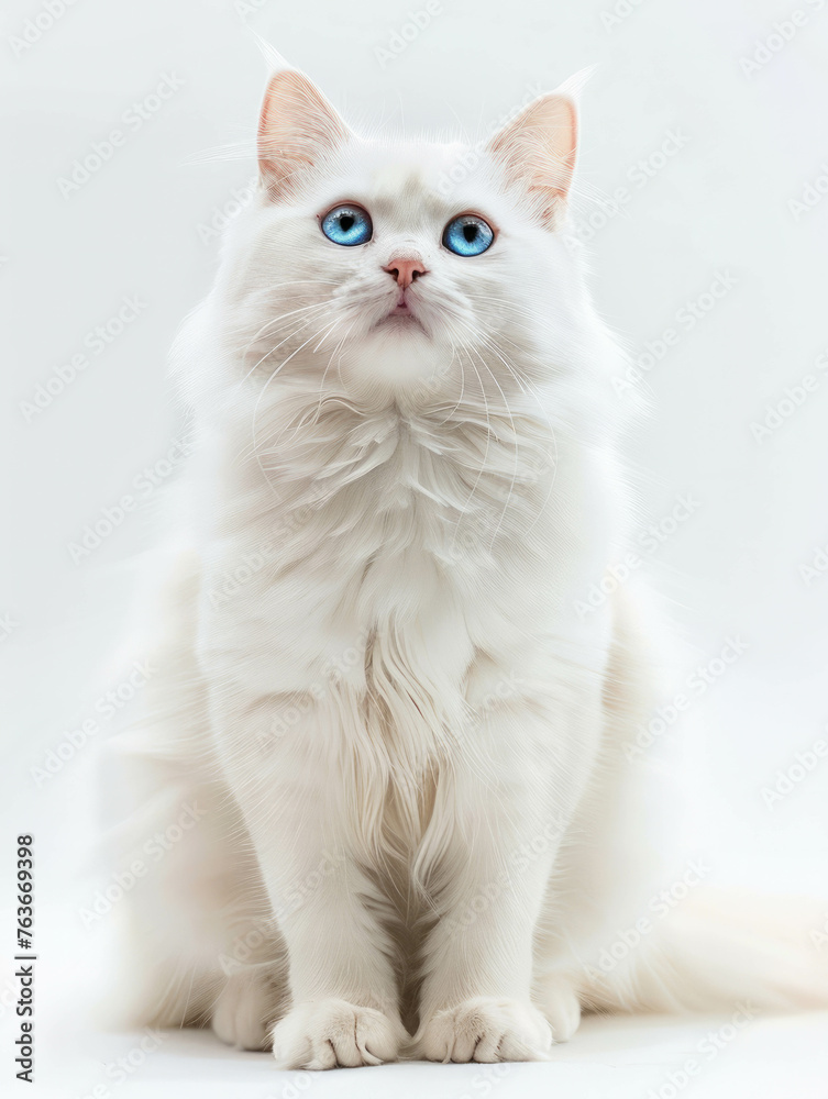 Evoke elegance and grace with this photo of a white-haired cat against a pristine white backdrop. Realistic details enhanced with AI generative technology.