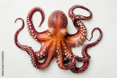 Octopus on a light surface, cooking concept. Backdrop with selective focus and copy space