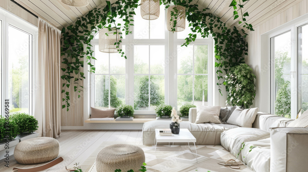 Explore a cozy living room with a botanical atmosphere, featuring ivy-clad walls and a vaulted ceiling. Natural light fills the space, showcasing a serene ambiance. AI generative Explore a cozy living room with a botanical atmosphere, featuring ivy-clad walls and a vaulted ceiling. Natural light fills the space, showcasing a serene ambiance. AI generative