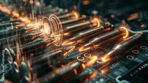 Immerse yourself in a cinematic close-up of sniper bullets enveloped in digital aura, tied to crucial AI and content creation icons. Experience the power of generative tools in visual storytelling. photo