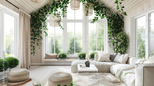 Explore a cozy living room with a botanical atmosphere, featuring ivy-clad walls and a vaulted ceiling. Natural light fills the space, showcasing a serene ambiance. AI generative photo