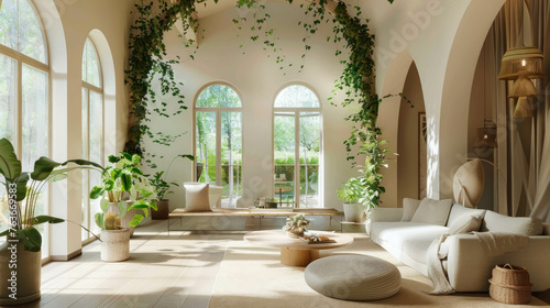Explore a cozy living room with a botanical atmosphere, featuring ivy-clad walls and a vaulted ceiling. Natural light fills the space, showcasing a serene ambiance. AI generative photo