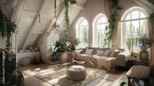 Step into a tranquil living space filled with botanical charm, boasting a vaulted ceiling and large windows. The interior, captured in this commercial photograph, exudes elegance . AI generative photo