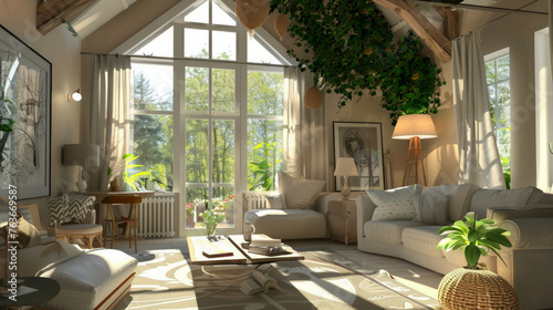Discover a serene living room adorned with ivy and bathed in natural light. AI generative 
 photo