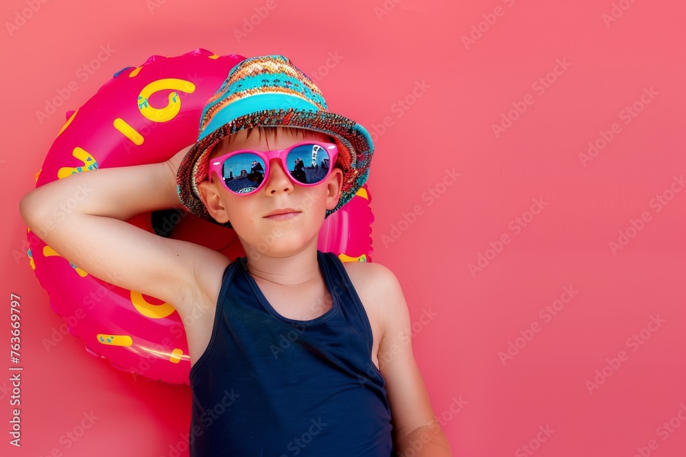 kid hold  rainbow umbrella,wearing pool float and summer hat,sunglass 