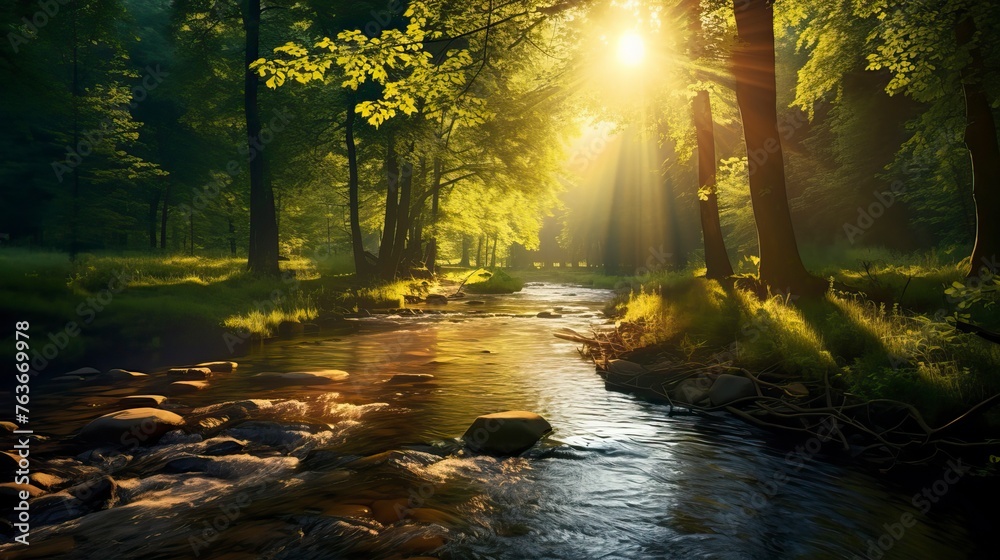 Beautiful landscape of Ray tracing sun rays perfect view of the sunlight through the trees in forest