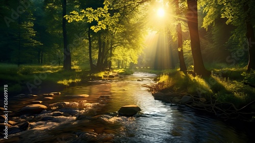 Beautiful landscape of Ray tracing sun rays perfect view of the sunlight through the trees in forest © CREATIVE STOCK