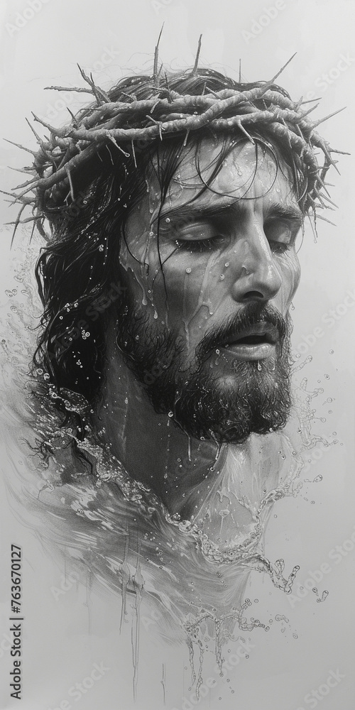 Jesus Nailed to the Cross Suffering with the Crown of Thorns - Dramatic Image