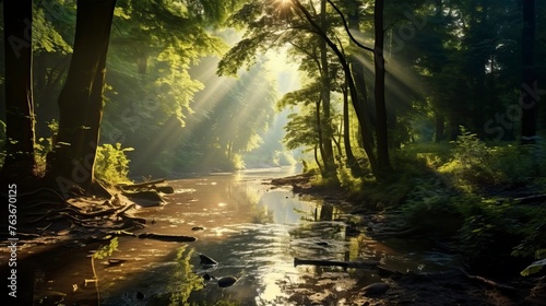 Beautiful landscape of Ray tracing sun rays perfect view of the sunlight through the trees in forest