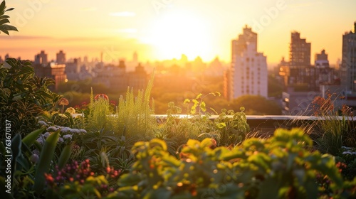 A lush rooftop garden overlooking a city, captured at sunrise. Plants and flowers bask in the golden light, 