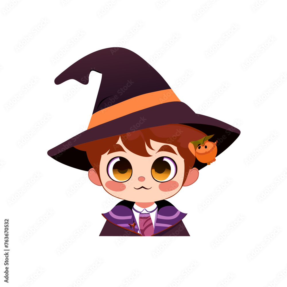 a cartoon image of a boy with a witch hat on his head.