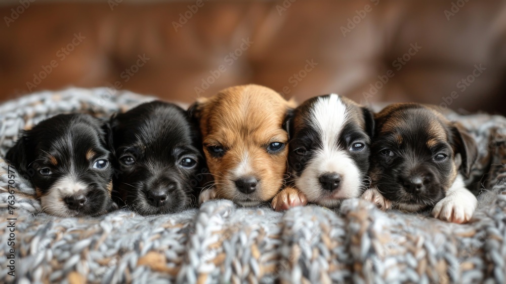Litter of adorable puppies on blanket - An endearing image of a litter of diverse and cute puppies snuggled together on a cozy blanket