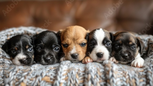 Litter of adorable puppies on blanket - An endearing image of a litter of diverse and cute puppies snuggled together on a cozy blanket © Tida