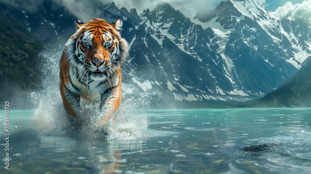 Majestic tiger bounding through mountain lake - Dynamic image of a tiger in mid-chase crossing a serene mountain lake with peak reflections and misty backdrop