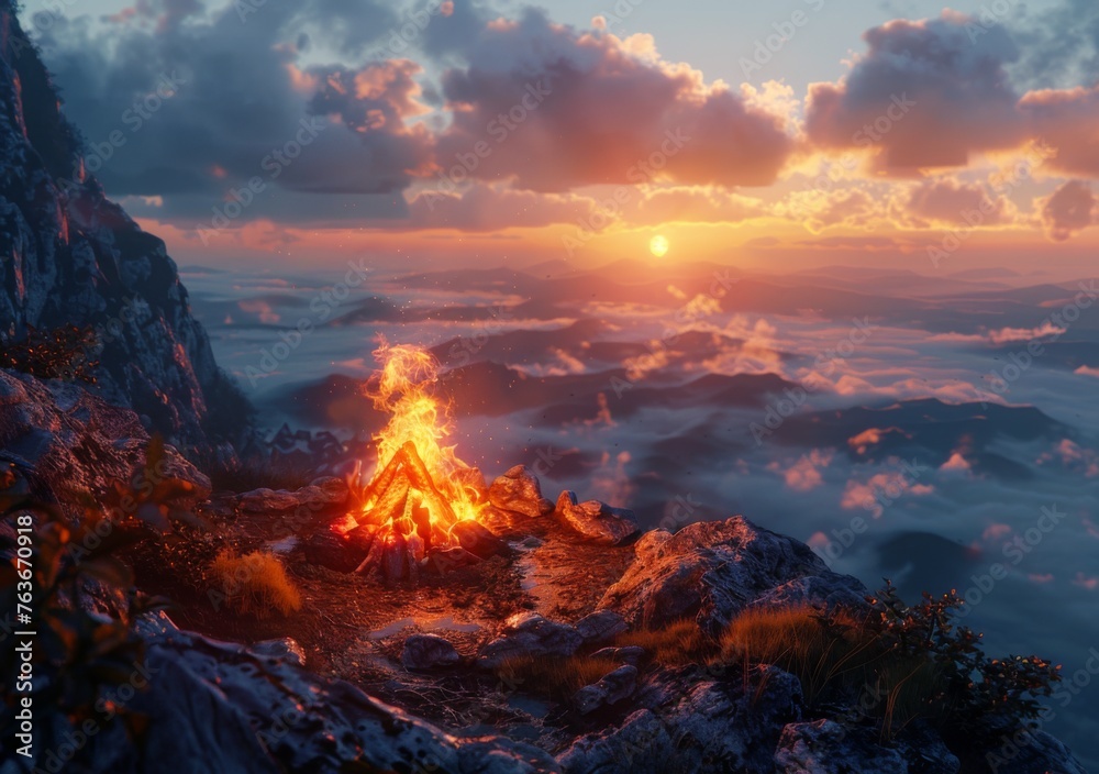 Mountain campsite with a glowing fire - A breathtaking digital artwork of a campfire at a mountain peak overlooking a valley during a picturesque sunset