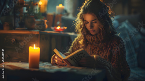 Beautiful woman sits with eyes closed holding a book in candlelit living room at night, enjoying quiet moment. photo