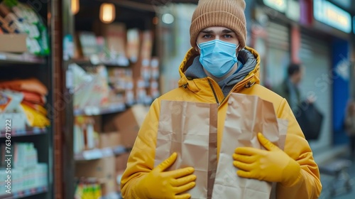 Young delivery man in medical gloves and protective face mask holding paper bags in hands. Man