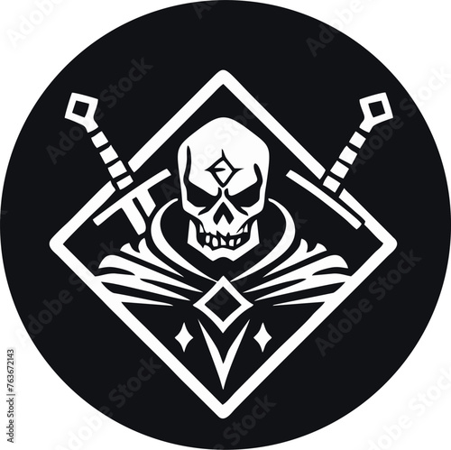 black and white logo skull and sword dungeon master