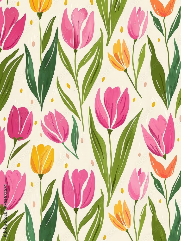 Pattern of pink and yellow flowers on a white background, creating a vibrant and colorful display