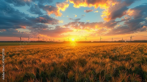 Wind farm field and sunset sky. Wind power. Sustainable  renewable energy. Wind turbines generate electricity. Sustainable development. Green technology for energy sustainability. Eco-friendly energy