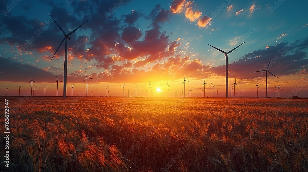 Wind farm field and sunset sky. Wind power. Sustainable, renewable energy. Wind turbines generate electricity. Sustainable development. Green technology for energy sustainability. Eco-friendly energy - obrazy, fototapety, plakaty 