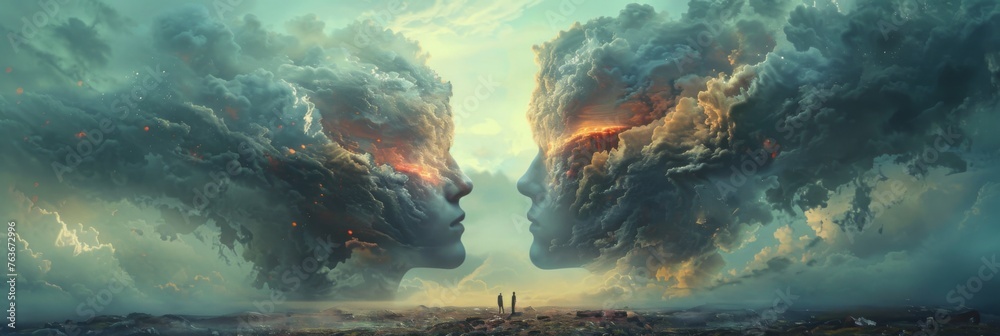 Surreal clouds forming faces above apocalyptic land - Ethereal clouds mirroring the shape of human faces above a desolate and stormy wasteland, symbolizing thought - obrazy, fototapety, plakaty 