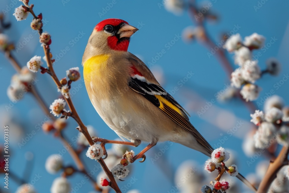 Vibrant Cardinal bird perched on a branch - Close-up of a colorful Cardinal bird among blooming pussy willows against a clear blue sky, showcasing the beauty of nature