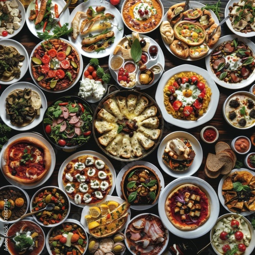Variety of delicious gourmet Mediterranean dishes - An array of Mediterranean cuisine, colorful and appetite-inducing, suitable for food enthusiasts and culinary explorations