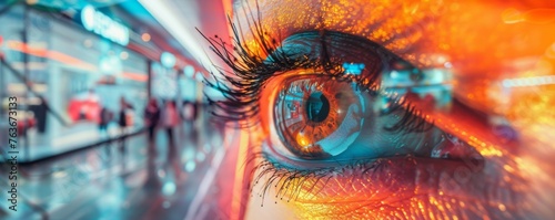 Vibrant close-up of human eye in color - A stunning detailed macro of a human eye enhanced with vivid colors reflecting the bustling activity and lights of urban life #763673133