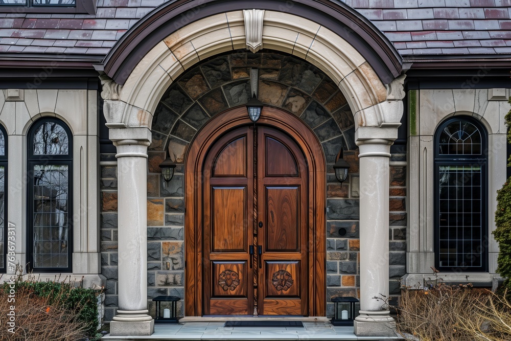 The buildings facade features a large wooden door framed with a stone archway. Surrounding the entrance are brickwork, plants, and lush green grass