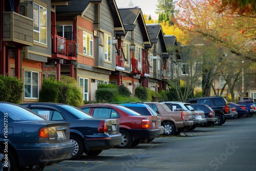A line of motor vehicles, including cars with their wheels and tires, are parked in front of a row of apartment buildings with windows and lights © RichWolf