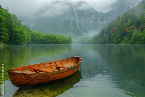 A wooden boat peacefully floats on the calm lake  surrounded by majestic mountains and fluffy clouds in the sky  creating a breathtaking natural landscape