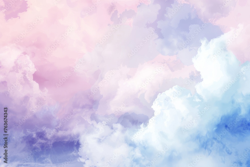 Fluffy pink and blue clouds drift across this watercolor canvas, invoking a sense of calm and playful whimsy.