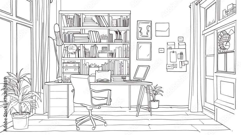 a black and white drawing of a room with a desk
