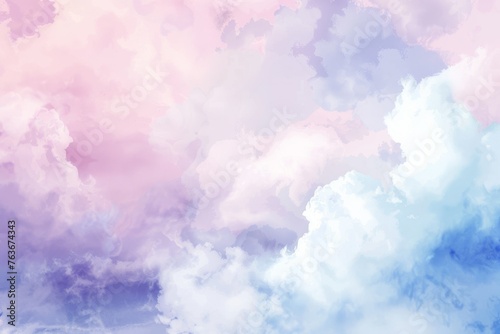 Fluffy pink and blue clouds drift across this watercolor canvas  invoking a sense of calm and playful whimsy.
