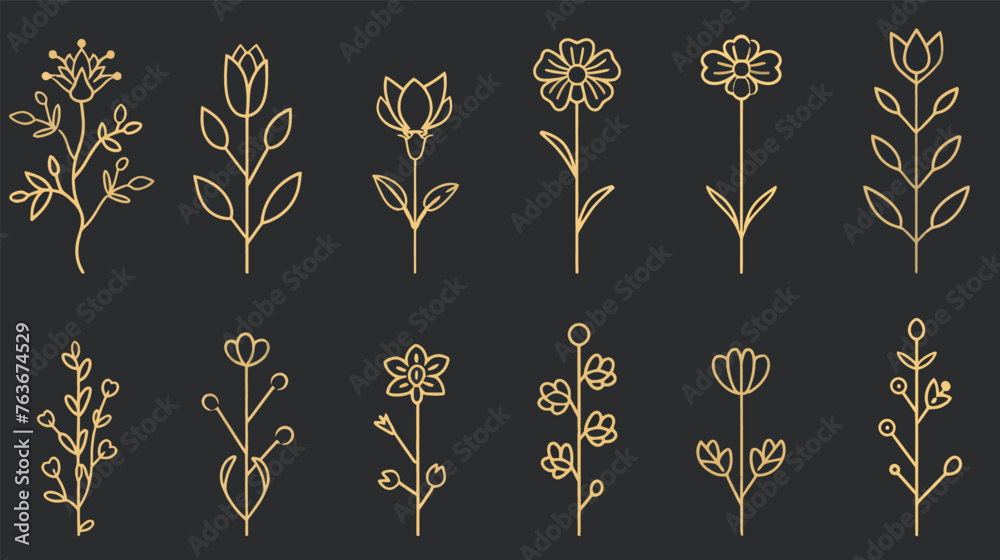 a set of golden flowers on a black background - obrazy, fototapety, plakaty 