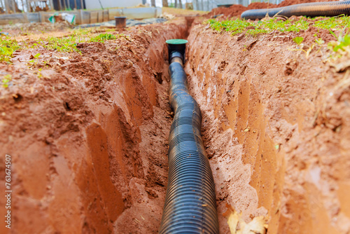фотографія Laying underground drainage pipe systems for rainwater stormwater