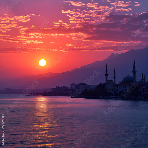 Izmir Twilight: A Captivating Sunset Over the Aegean Sea, Silhouetting the Magnificent Cityscape of Izmir, Turkey © Howard