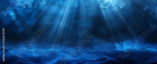 Ethereal rays of light pierce through the misty blue expanse, creating a serene yet powerful abstract vision.