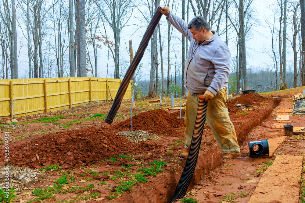 Drainage Infall Outflow Installation of drainage pipe system for outflow of rain stormwater ...